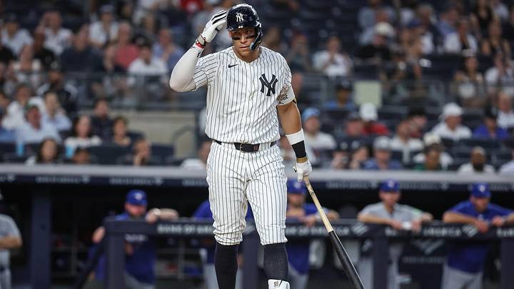 May 19, 2026; Bronx, New York, USA;  New York Yankees right fielder Aaron Judge (99) signals for a challenge after a called third strike in the fourth inning against the Toronto Blue Jays at Yankee Stadium. Mandatory Credit: Wendell Cruz-Imagn Images