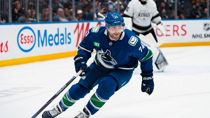 Apr 14, 2026; Vancouver, British Columbia, CAN; Vancouver Canucks forward Jake DeBrusk (74) skates against the Los Angeles Kings in the second period at Rogers Arena. Mandatory Credit: Bob Frid-Imagn Images Apr 14, 2026; Vancouver, British Columbia, CAN; Vancouver Canucks forward Jake DeBrusk (74) skates against the Los Angeles Kings in the second period at Rogers Arena. Mandatory Credit: Bob Frid-Imagn Images