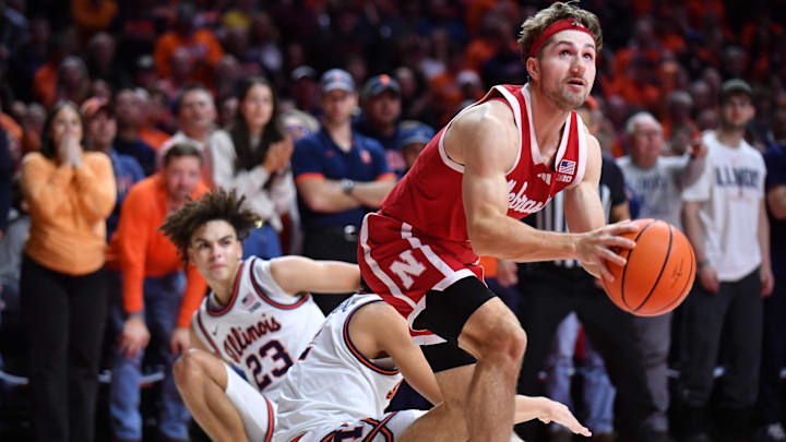 Dec 13, 2025; Champaign, Illinois, USA; Nebraska Cornhuskers guard Sam Hoiberg (1) drives the ball to the basket during the second half against the Illinois Fighting Illini at State Farm Center. Mandatory Credit: Ron Johnson-Imagn Images Dec 13, 2025; Champaign, Illinois, USA; Nebraska Cornhuskers guard Sam Hoiberg (1) drives the ball to the basket during the second half against the Illinois Fighting Illini at State Farm Center. Mandatory Credit: Ron Johnson-Imagn Images
