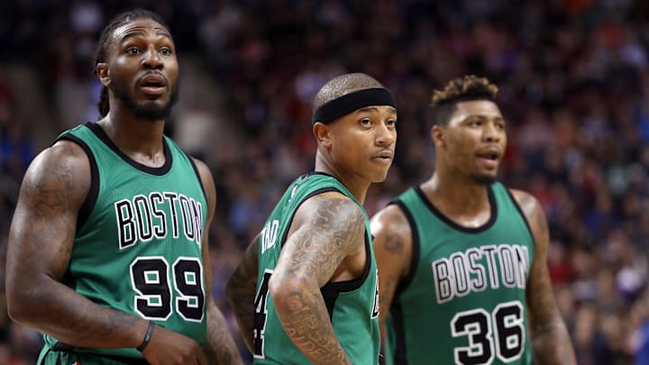 Feb 24, 2017; Toronto, Ontario, CAN; Boston Celtics forward Jae Crowder (99) and point guard Isaiah Thomas (4) and guard Marcus Smart (36) during their game against the Toronto Raptors at Air Canada Centre. The Raptors beat the Celtics 107-97. Mandatory Credit: Tom Szczerbowski-Imagn Images
