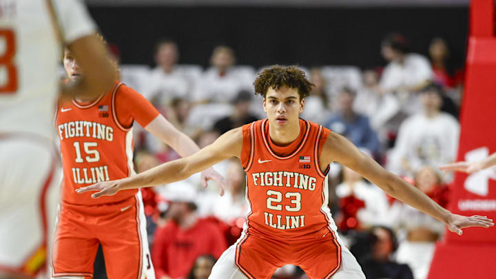 Mar 8, 2026; College Park, Maryland, USA;  Illinois Fighting Illini guard Keaton Wagler (23) gets in a defensive position during the first half against the Maryland Terrapins at Xfinity Center. Mandatory Credit: Tommy Gilligan-Imagn Images