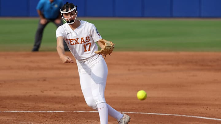 June 3: Texas Longhorns starting pitcher Teagan Kavan pitches to Stanford during the semifinals of the Women's College World Series. June 3: Texas Longhorns starting pitcher Teagan Kavan pitches to Stanford during the semifinals of the Women's College World Series.