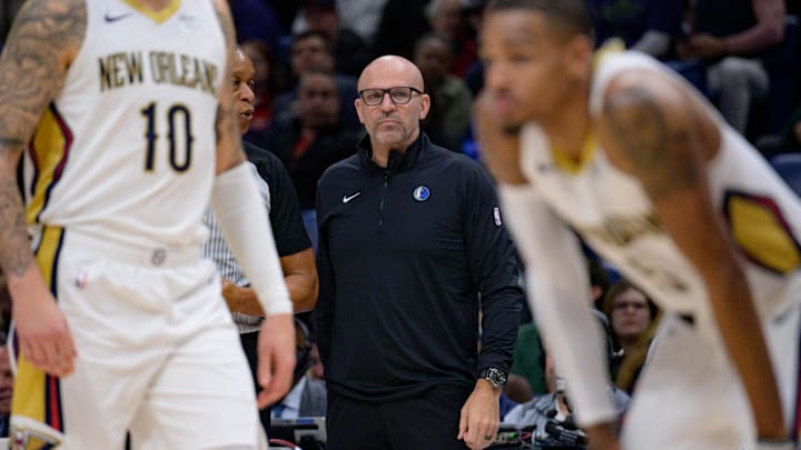 Jan 15, 2025; New Orleans, Louisiana, USA; Dallas Mavericks head coach Jason Kidd reacts during the first half against the New Orleans Pelicans at Smoothie King Center. Jan 15, 2025; New Orleans, Louisiana, USA; Dallas Mavericks head coach Jason Kidd reacts during the first half against the New Orleans Pelicans at Smoothie King Center.