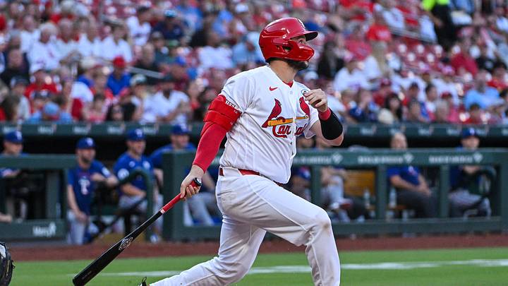 Jun 2, 2026; St. Louis, Missouri, USA; St. Louis Cardinals catcher Jimmy Crooks (8) hits a one run single against the Texas Rangers during the second inning at Busch Stadium. Mandatory Credit: Jeff Curry-Imagn Images Jun 2, 2026; St. Louis, Missouri, USA; St. Louis Cardinals catcher Jimmy Crooks (8) hits a one run single against the Texas Rangers during the second inning at Busch Stadium. Mandatory Credit: Jeff Curry-Imagn Images
