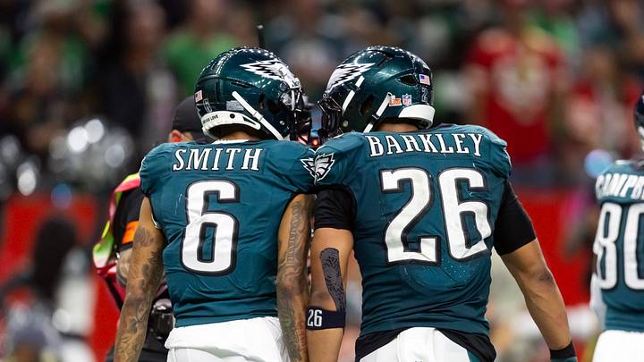 Feb 9, 2025; New Orleans, LA, USA; Philadelphia Eagles wide receiver DeVonta Smith (6) celebrates a touchdown with running back Saquon Barkley (26) against the Kansas City Chiefs during Super Bowl LIX at Ceasars Superdome. Feb 9, 2025; New Orleans, LA, USA; Philadelphia Eagles wide receiver DeVonta Smith (6) celebrates a touchdown with running back Saquon Barkley (26) against the Kansas City Chiefs during Super Bowl LIX at Ceasars Superdome.