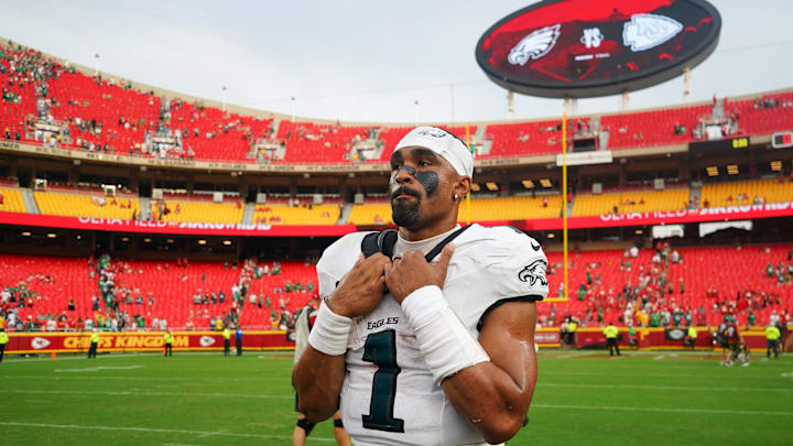 Sep 14, 2025; Kansas City, Missouri, USA; Philadelphia Eagles quarterback Jalen Hurts (1) looks on after the game against the Kansas City Chiefs at GEHA Field at Arrowhead Stadium. Mandatory Credit: Denny Medley-Imagn Images