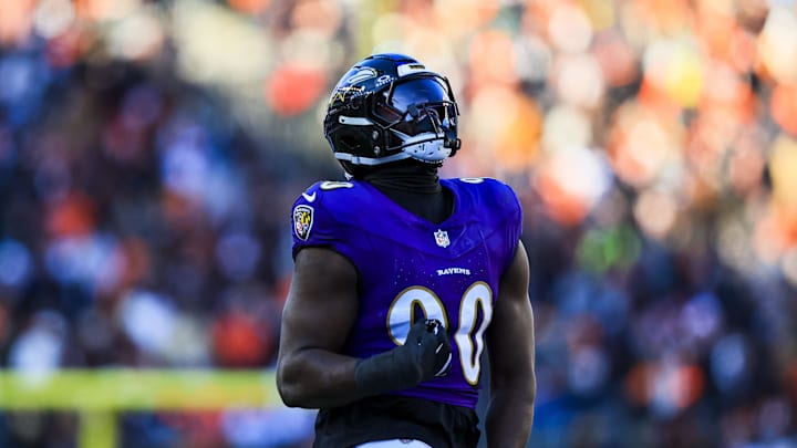 Dec 14, 2025; Cincinnati, Ohio, USA; Baltimore Ravens linebacker David Ojabo (90) reacts after a play in the first half against the Cincinnati Bengals at Paycor Stadium. Mandatory Credit: Katie Stratman-Imagn Images
Dec 14, 2025; Cincinnati, Ohio, USA; Baltimore Ravens linebacker David Ojabo (90) reacts after a play in the first half against the Cincinnati Bengals at Paycor Stadium. Mandatory Credit: Katie Stratman-Imagn Images