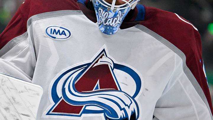 Apr 21, 2025; Dallas, Texas, USA; A view of the logo of Colorado Avalanche goaltender Mackenzie Blackwood (39) during the game between the Dallas Stars and the Colorado Avalanche in game two of the first round of the 2025 Stanley Cup Playoffs at American Airlines Center. Mandatory Credit: Jerome Miron-Imagn Images