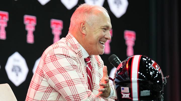 Jul 7, 2026; Frisco, TX, USA;  Texas Tech head coach Joey McGuire speaks to reporters during Big 12 Conference Football Media Days at The Star. Mandatory Credit: Raymond Carlin III-Imagn Images