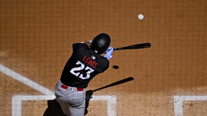 Sep 25, 2025; Arlington, Texas, USA; Minnesota Twins third baseman Royce Lewis (23) hits a single during the second inning against the Texas Rangers at Globe Life Field. Mandatory Credit: Jerome Miron-Imagn Images Sep 25, 2025; Arlington, Texas, USA; Minnesota Twins third baseman Royce Lewis (23) hits a single during the second inning against the Texas Rangers at Globe Life Field. Mandatory Credit: Jerome Miron-Imagn Images