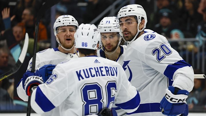 Dec 9, 2023; Seattle, Washington, USA; Tampa Bay Lightning left wing Nicholas Paul (20) celebrates