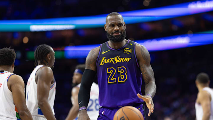 Jan 28, 2025; Philadelphia, Pennsylvania, USA; Los Angeles Lakers forward LeBron James (23) reacts after a play during the first quarter against the Philadelphia 76ers at Wells Fargo Center. Mandatory Credit: Bill Streicher-Imagn Images