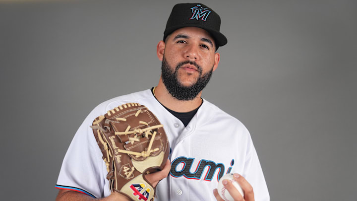 Feb 22, 2023; Jupiter, FL, USA;  Miami Marlins pitcher Enmanuel De Jesus (83) poses for a photo during photo day at Roger Dean Chevrolet Stadium.