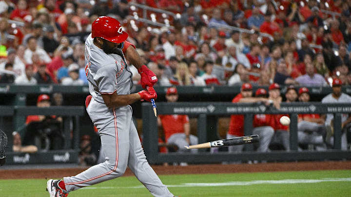 Cincinnati Reds designated hitter Amed Rosario (38) breaks his bat as he grounds out against the St. Louis Cardinals during the fourth inning at Busch Stadium on Sept 10.