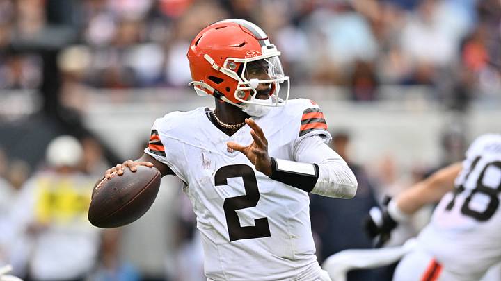 Aug 15, 2026; Chicago, Illinois, USA; Cleveland Browns quarterback Shedeur Sanders (2) passes the ball against the Chicago Bears during the second half at Soldier Field. Mandatory Credit: Patrick Gorski-Imagn Images