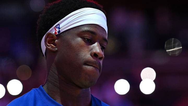 Philadelphia 76ers guard Vj Edgecombe (77) during the national anthem against the Detroit Pistons at Xfinity Mobile Arena. 