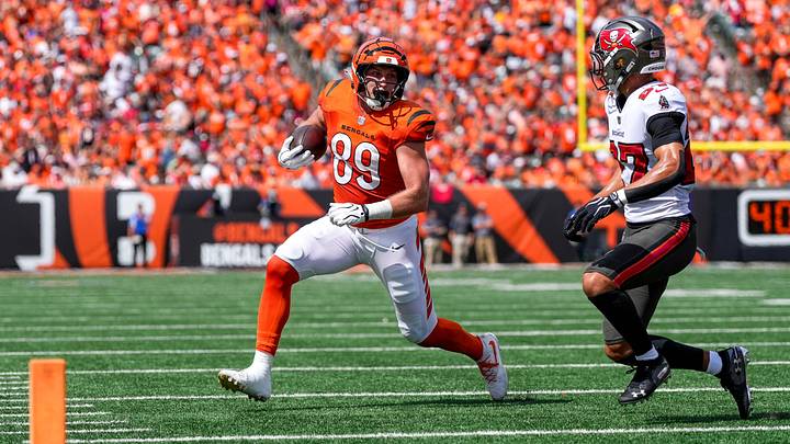 Cincinnati Bengals tight end Drew Sample (89) is forced out of bounds short of the end zone by Tampa Bay Buccaneers cornerback Zyon McCollum (27) in the second quarter of the NFL Week 1 game between the Cincinnati Bengals and the Tampa Bay Buccaneers at Paycor Stadium in Cincinnati on Sunday, Sept. 13, 2026. Cincinnati Bengals tight end Drew Sample (89) is forced out of bounds short of the end zone by Tampa Bay Buccaneers cornerback Zyon McCollum (27) in the second quarter of the NFL Week 1 game between the Cincinnati Bengals and the Tampa Bay Buccaneers at Paycor Stadium in Cincinnati on Sunday, Sept. 13, 2026.