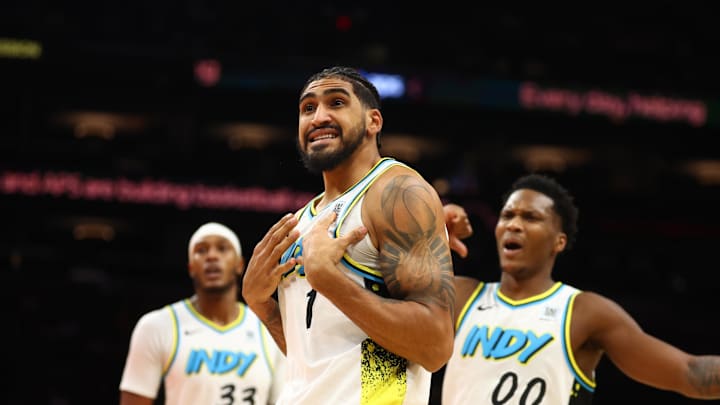 Dec 19, 2024; Phoenix, Arizona, USA; Indiana Pacers forward Obi Toppin (1) reacts against the Phoenix Suns at Footprint Center. Mandatory Credit: Mark J. Rebilas-Imagn Images