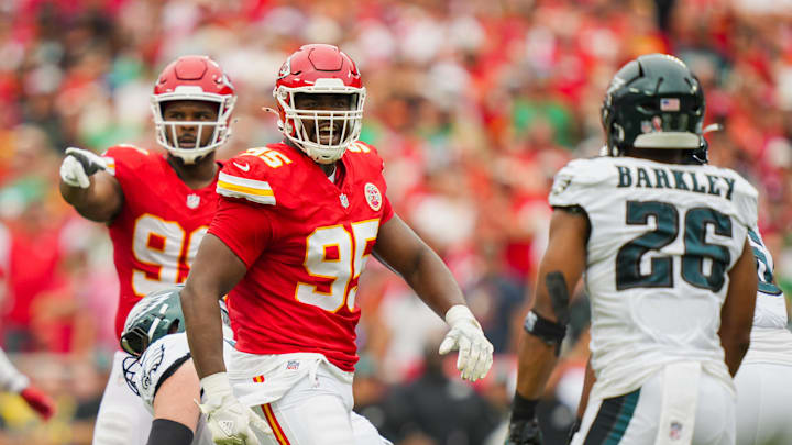 Sep 14, 2025; Kansas City, Missouri, USA; Kansas City Chiefs defensive tackle Chris Jones (95) reacts during the first half against the Philadelphia Eagles at GEHA Field at Arrowhead Stadium. Mandatory Credit: Jay Biggerstaff-Imagn Images