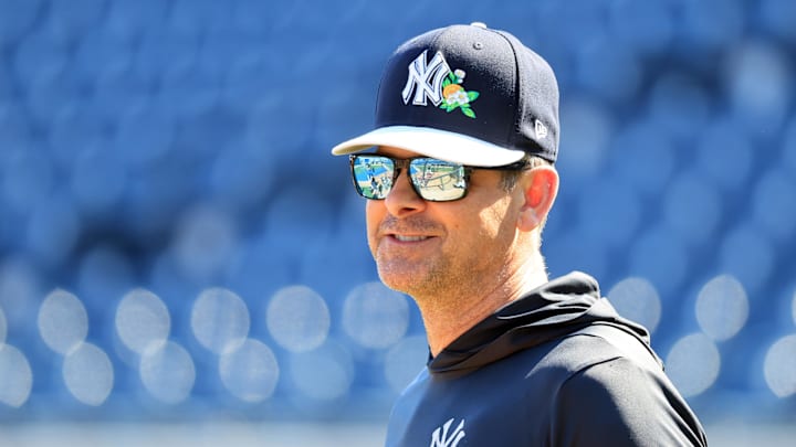 Feb 13, 2026; Tampa, FL, USA;  New York Yankees manager Aaron Boone (17) during spring training practices at George M. Steinbrenner Field. Mandatory Credit: Kim Klement Neitzel-Imagn Images