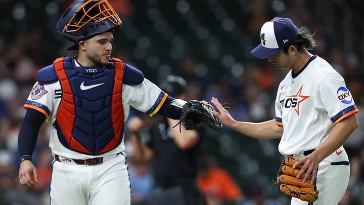 Aug 3, 2026; Houston, Texas, USA; Houston Astros pitcher Tatsuya Imai (45) celebrates with catcher Yainer Diaz (21) after pitching in the eighth inning against the Toronto Blue Jays at Daikin Park. Mandatory Credit: Troy Taormina-Imagn Images