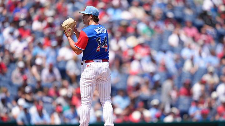 Jul 12, 2026; Philadelphia, PA, USA; National League pitcher Gage Wood (14) stands on the mound against American League in the first inning at Citizens Bank Park. Mandatory Credit: Kyle Ross-Imagn Images