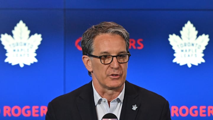 Jun 1, 2023; Toronto, Ontario, CANADA; Toronto Maple Leafs president Brendan Shanahan speaks as he introduces new general managaer Brad Treliving.