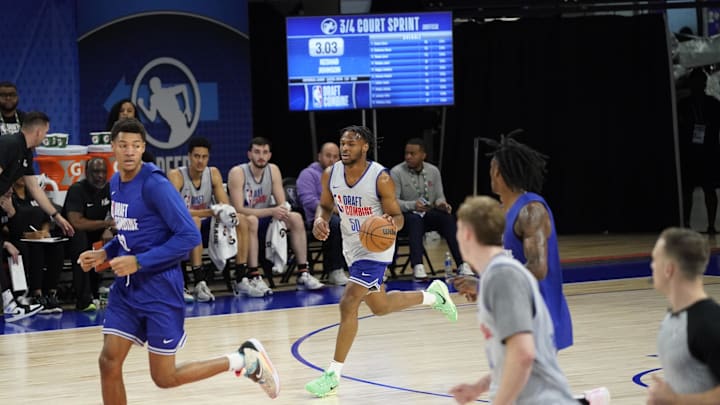 May 14, 2024; Chicago, IL, USA; Bronny James (50) participates during the 2024 NBA Draft Combine  at Wintrust Arena. Mandatory Credit: David Banks-USA TODAY Sports