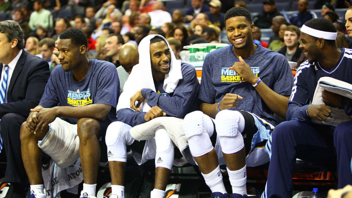 Nov 28, 2012; Memphis, TN, USA;  Memphis Grizzlies small forward Rudy Gay (22) dances on the bench as Memphis Grizzlies point guard Mike Conley Jr. (11) and Memphis Grizzlies point guard Josh Selby (2) look on and laughs during the game against the Toronto Raptors at the Fed Ex Forum. 