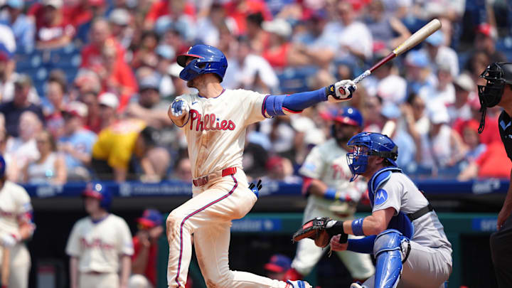 Jun 11, 2025; Philadelphia, Pennsylvania, USA; Philadelphia Phillies infielder Trea Turner (7) hits a double against the Chicago Cubs in the fourth inning at Citizens Bank Park. 