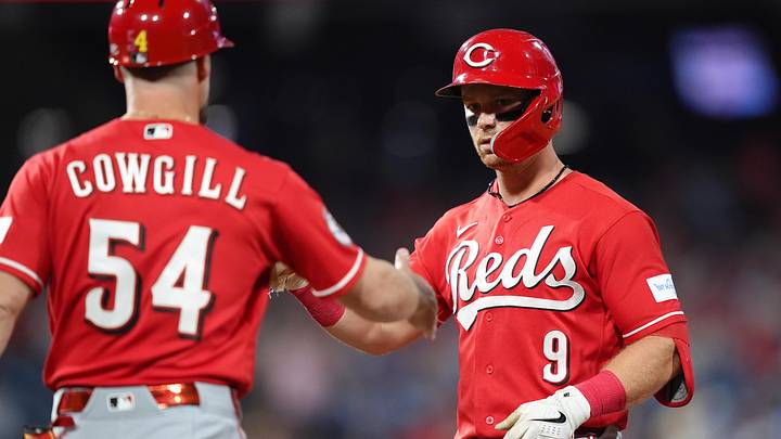 May 18, 2026; Philadelphia, Pennsylvania, USA; Cincinnati Reds infielder Matt McLain (9) reacts after hitting a single against the Philadelphia Phillies in the eighth inning at Citizens Bank Park. Mandatory Credit: Kyle Ross-Imagn Images May 18, 2026; Philadelphia, Pennsylvania, USA; Cincinnati Reds infielder Matt McLain (9) reacts after hitting a single against the Philadelphia Phillies in the eighth inning at Citizens Bank Park. Mandatory Credit: Kyle Ross-Imagn Images