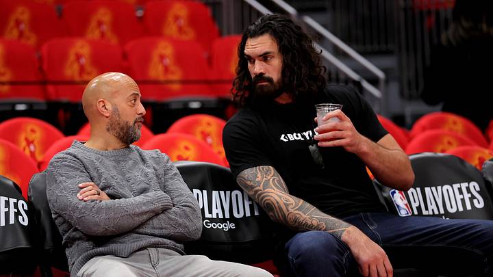 May 1, 2026; Houston, Texas, USA; Houston Rockets general manager Rafael Stone talks with Houston Rockets center Steven Adams (12, right) prior to game six of the first round of the 2026 NBA Playoffs against the Los Angeles Lakers at Toyota Center. Mandatory Credit: Erik Williams-Imagn Images May 1, 2026; Houston, Texas, USA; Houston Rockets general manager Rafael Stone talks with Houston Rockets center Steven Adams (12, right) prior to game six of the first round of the 2026 NBA Playoffs against the Los Angeles Lakers at Toyota Center. Mandatory Credit: Erik Williams-Imagn Images