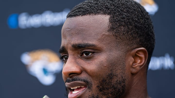 Jacksonville Jaguars cornerback Jourdan Lewis (2) answers questions after the Jacksonville Jaguars’ mandatory minicamp Tuesday June 10, 2025 at the Miller Electric Center in Jacksonville, Fla. 