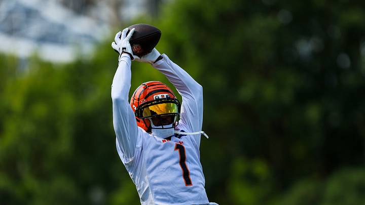 Jul 29, 2026; Cincinnati, OH, USA; Cincinnati Bengals wide receiver Ja'marr Chase (1) catches a pass during training camp at Kettering Health Practice Fields. Mandatory Credit: Katie Stratman-Imagn Images