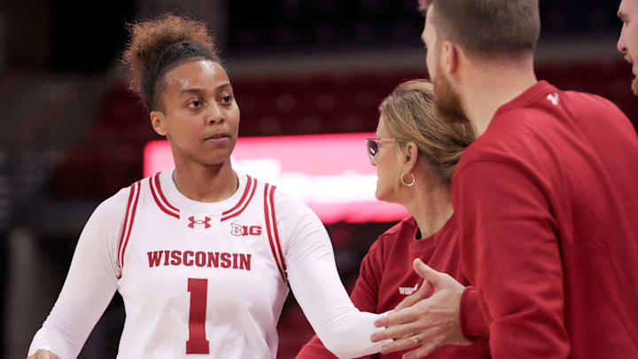 Wisconsin guard Destiny Howell (1) is shown during the first half of their game against UW-River Falls Monday, October 27, 2025 at the Kohl Center in Madison, Wisconsin. Wisconsin guard Destiny Howell (1) is shown during the first half of their game against UW-River Falls Monday, October 27, 2025 at the Kohl Center in Madison, Wisconsin.