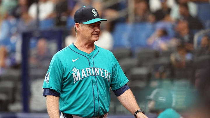 Seattle Mariners manager Scott Servais (9) looks on against the Tampa Bay Rays during the first inning at Tropicana Field in 2024. Seattle Mariners manager Scott Servais (9) looks on against the Tampa Bay Rays during the first inning at Tropicana Field in 2024.