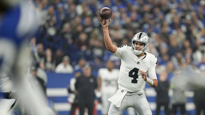Dec 31, 2023; Indianapolis, Indiana, USA; Las Vegas Raiders quarterback Aidan O'Connell (4) passes the ball during a game against the Las Vegas Raiders at Lucas Oil Stadium. Mandatory Credit: Hali Tauxe-USA TODAY Sports Dec 31, 2023; Indianapolis, Indiana, USA; Las Vegas Raiders quarterback Aidan O'Connell (4) passes the ball during a game against the Las Vegas Raiders at Lucas Oil Stadium. Mandatory Credit: Hali Tauxe-USA TODAY Sports
