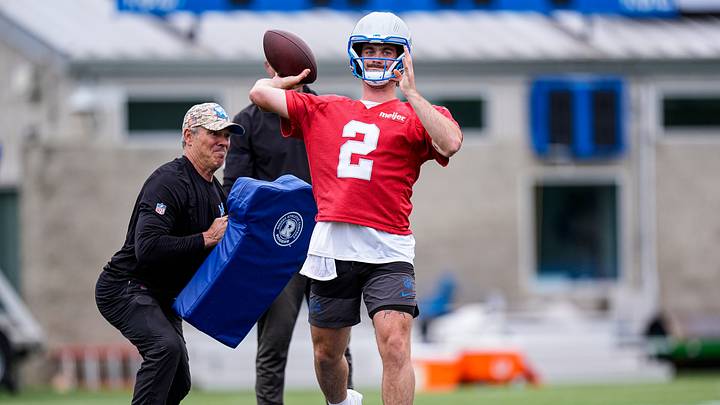 Detroit Lions quarterback Luke Altmyer (2) practices during mini camp at Meijer Performance Center in Allen Park on Wednesday, June 17, 2026.