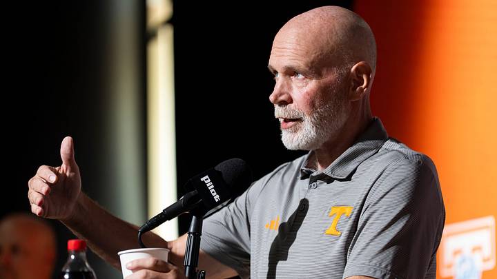 Tennessee defensive coordinator Jim Knowles speaks to the media during Tennessee football’s media day on Aug. 4, 2026.
