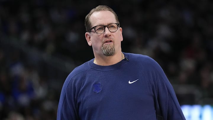 Feb 9, 2025; Milwaukee, Wisconsin, USA;  Philadelphia 76ers head coach Nick Nurse looks on during the second quarter against the Milwaukee Bucks at Fiserv Forum. Mandatory Credit: Jeff Hanisch-Imagn Images