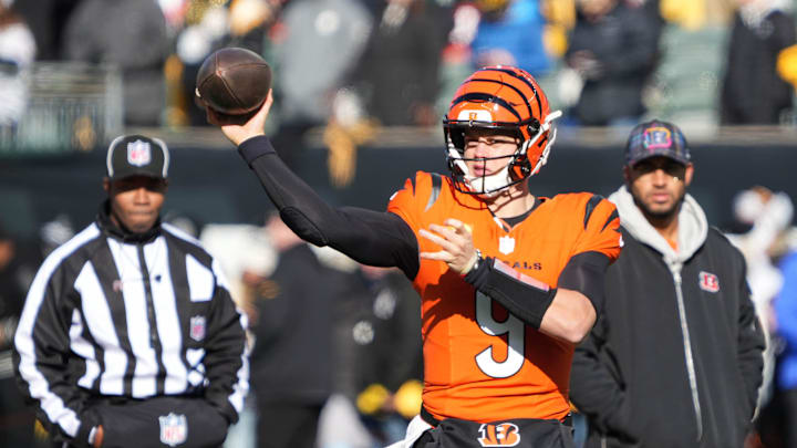 Bengals Joe Burrow (9) warms up before their game against the Steelers at Paycor Stadium on Sunday December 1, 2024.