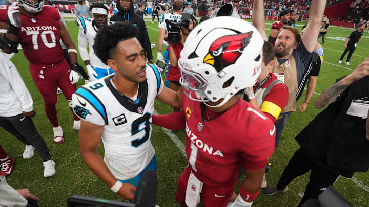 Arizona Cardinals quarterback Kyler Murray (1) greets Carolina Panthers quarterback Bryce Young (9) after Arizona's 27-22 win at State Farm Stadium on Sept 14, 2025.