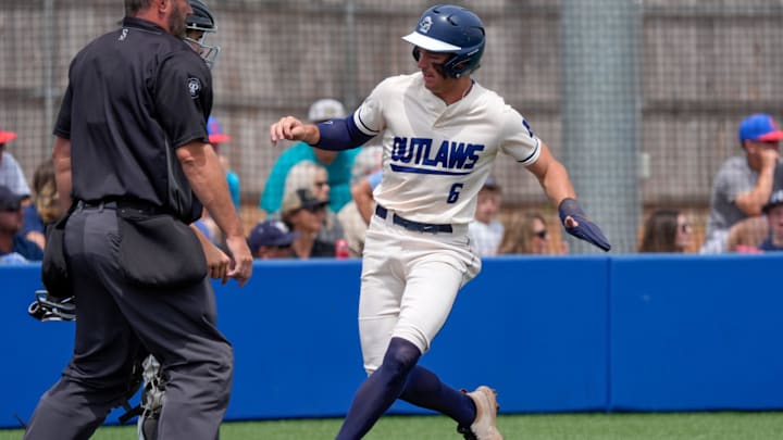 Marlow's Hudson Morgan scores a run during a Class 3A state tournament baseball game between Marlow and Jones in Noble, Okla., Thursday, May 15, 2025.