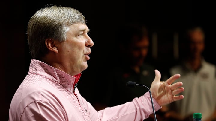 Georgia head coach Kirby Smart speaks to the media on the first day of spring practice in Athens, Ga., on Tuesday, March 12, 2024.