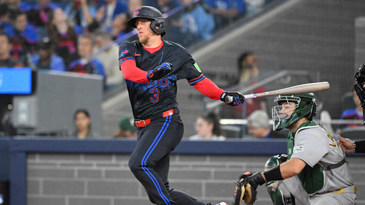 May 30, 2025; Toronto, Ontario, CAN; Toronto Blue Jays left fielder Myles Straw (3) bats against the Athletics in the fifth inning at Rogers Centre.