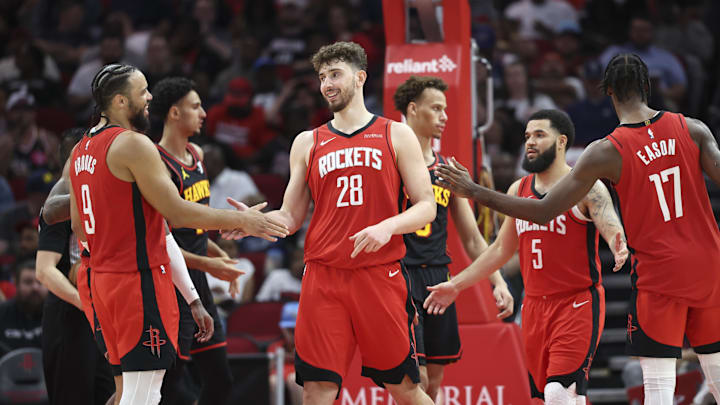 Mar 25, 2025; Houston, Texas, USA; Houston Rockets center Alperen Sengun (28) celebrates with forward Dillon Brooks (9) after scoring a basket during the third quarter against the Atlanta Hawks at Toyota Center. Mandatory Credit: Troy Taormina-Imagn Images Mar 25, 2025; Houston, Texas, USA; Houston Rockets center Alperen Sengun (28) celebrates with forward Dillon Brooks (9) after scoring a basket during the third quarter against the Atlanta Hawks at Toyota Center. Mandatory Credit: Troy Taormina-Imagn Images