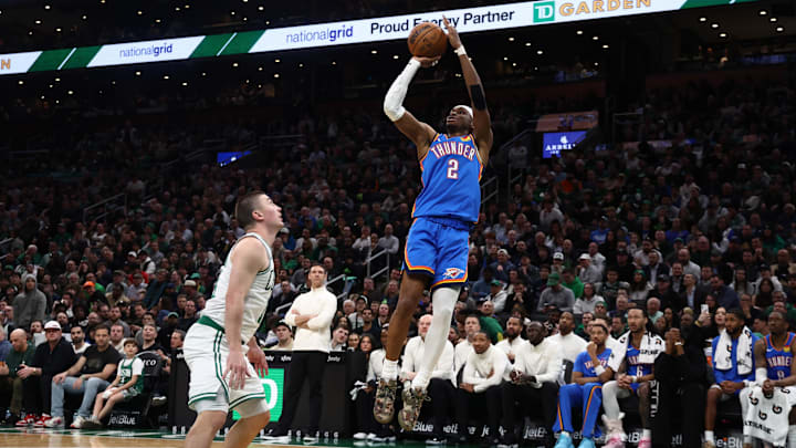 Mar 25, 2026; Boston, Massachusetts, USA; Oklahoma City Thunder guard Shai Gilgeous-Alexander (2) shoots over Boston Celtics guard Payton Pritchard (11) during the fourth quarter at TD Garden. Mandatory Credit: Winslow Townson-Imagn Images