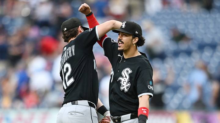 Jul 5, 2026; Cleveland, Ohio, USA; Chicago White Sox shortstop Colson Montgomery (12) celebrates with third baseman Miguel Vargas (20) after the White Sox beat the Cleveland Guardians at Progressive Field. Mandatory Credit: Ken Blaze-Imagn Images Jul 5, 2026; Cleveland, Ohio, USA; Chicago White Sox shortstop Colson Montgomery (12) celebrates with third baseman Miguel Vargas (20) after the White Sox beat the Cleveland Guardians at Progressive Field. Mandatory Credit: Ken Blaze-Imagn Images