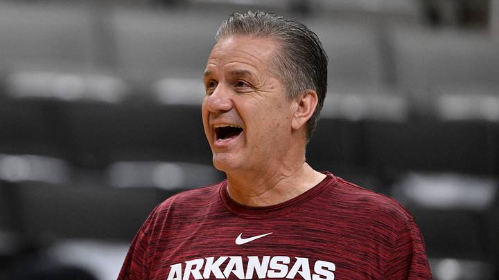 Mar 25, 2026; San Jose, CA, USA; Arkansas Razorbacks head coach John Calipari watches during a practice session ahead of the west regional of the men's 2026 NCAA Tournament at SAP Center.
