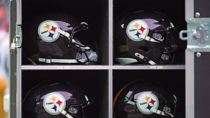 Dec 15, 2024; Philadelphia, Pennsylvania, USA; Pittsburgh Steelers helmet on the sidelines against the Philadelphia Eagles at Lincoln Financial Field. Mandatory Credit: Eric Hartline-Imagn Images